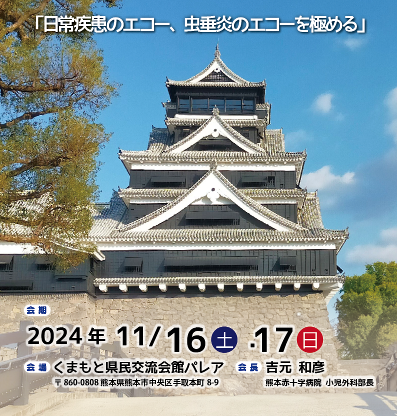 第9回日本小児超音波研究会 学術集会 会期 2024年11月16日 土曜日　17日 日曜日　 会場 くまもと県民交流会館パレア 会長 熊本赤十字病院 小児外科部長　吉元 和彦